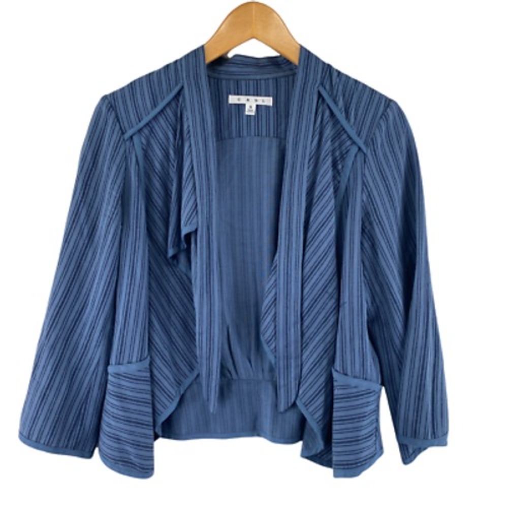 cAbi #870 Cascade Cardigan Jacket Women Small Blue Striped Open Front 3/4 Sleeve